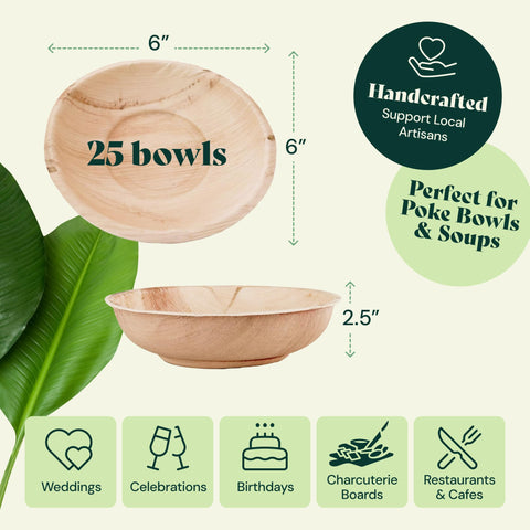 Round, Compostable Palm Leaf Bowls for Parties Chic Leaf