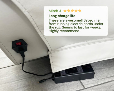 Black electrical extension cord under a white piece of furniture with a positive review overlay.