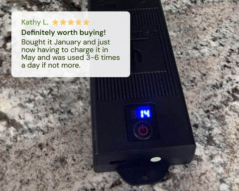 Black electronic device with digital display on a granite surface, featuring a five-star rating text overlay.