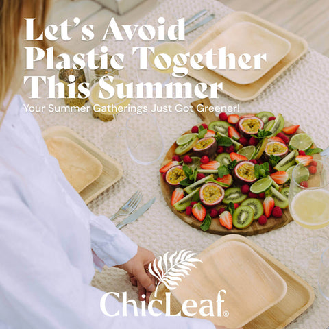 ChicLeaf promotional image with a person setting a table with eco-friendly plates and a colorful fruit platter.