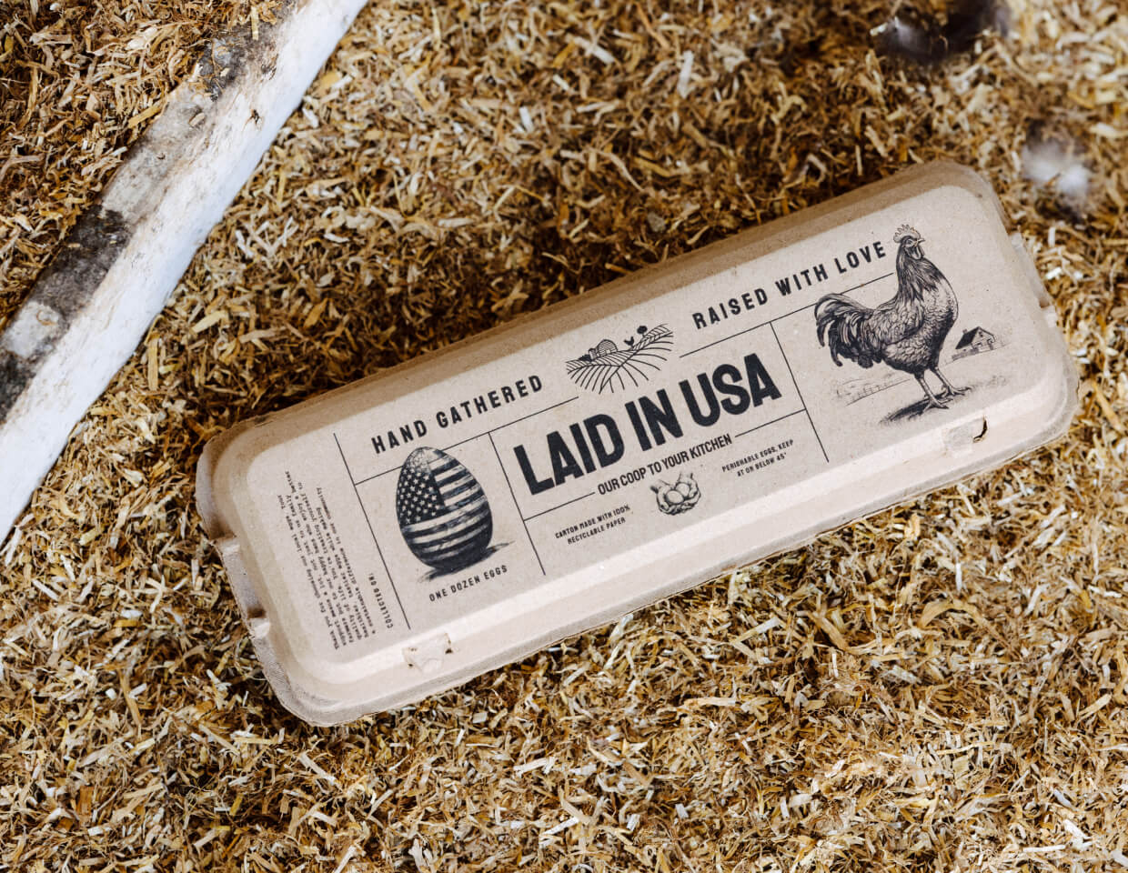 Reusable egg carton with 'Laid in USA' label on a straw background, made by Hatortempt.