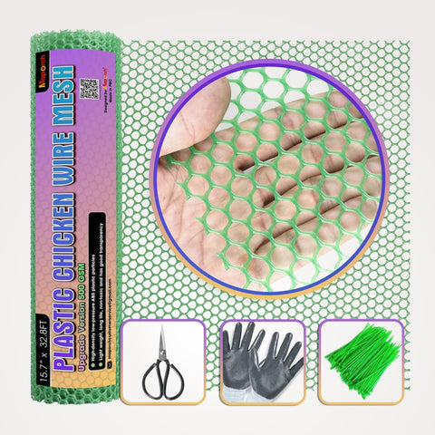Green Plastic Chicken Wire Fence Roll with Scissors & Gloves