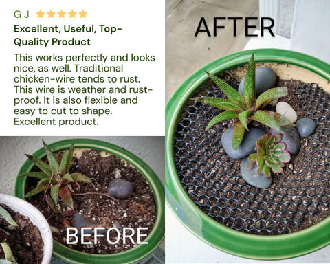 Before and after comparison of a plant pot with chicken-wire base, showing text review on product quality.