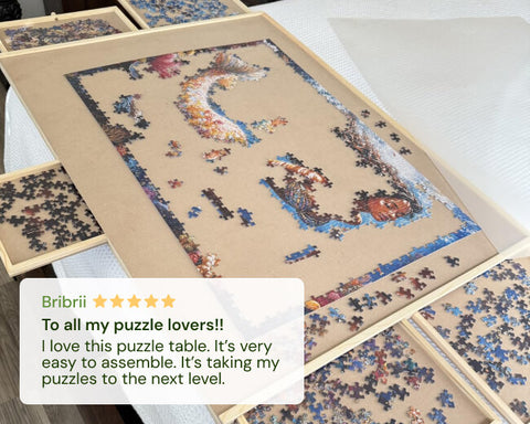 PlayVibe's Jigsaw puzzle board with a partially completed design on a table, featuring a positive customer review.