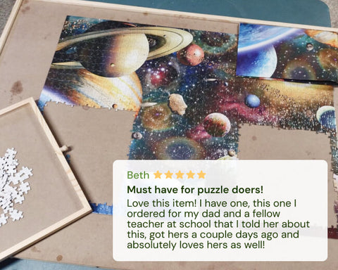 Space-themed puzzle on a PlayVibe puzzle board and a postiive customer review overlay.