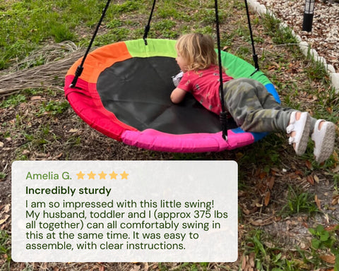 Child on a colorful round kids' swing set by PlayVibe with a five-star rating text overlay.