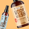 Two pet care products, 'Dog Furfume' and 'Woof Wash', on a solid background