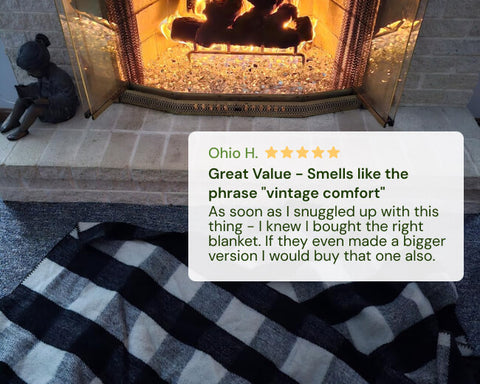 Fireplace with a checkered Woolly Mammoth blanket in front, featuring a five-star review.
