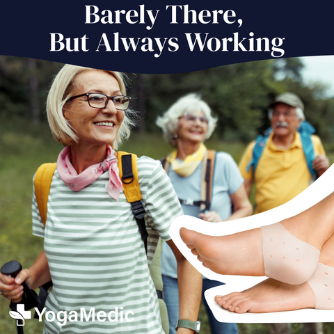 An elderly woman enjoying a hike, thanks to YogaMedic's heal spurs.