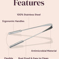 YogaMedic's stainless steel anti-microbial tongue cleaner with features listed on a beige background
