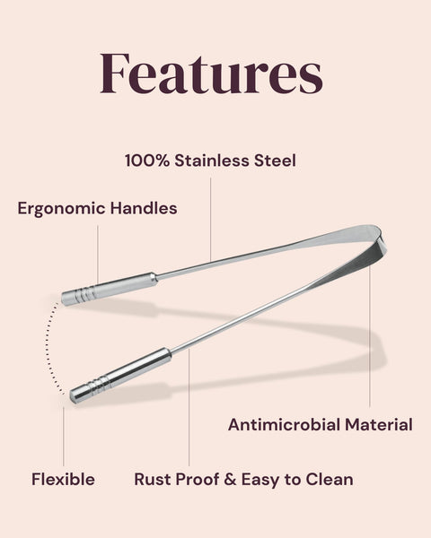 YogaMedic's stainless steel anti-microbial tongue cleaner with features listed on a beige background