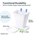 SimplyImagine's cloth diaper cleaning spray guard bucket with components labeled on a white background