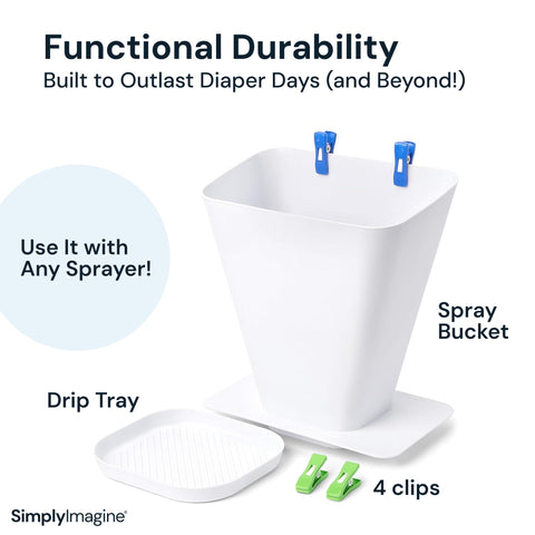 SimplyImagine's cloth diaper cleaning spray guard bucket with components labeled on a white background