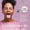 Person with a confident smile and promotional text about oral care and hygiene with YogaMedic's anti-microbial tongue cleaner on a purple background