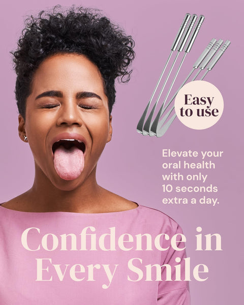 Person with a confident smile and promotional text about oral care and hygiene with YogaMedic's anti-microbial tongue cleaner on a purple background