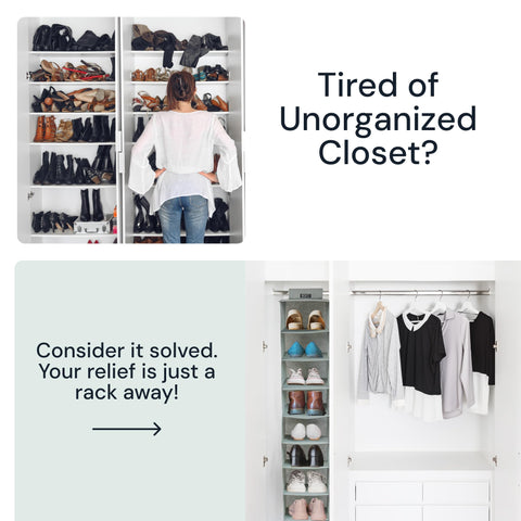 Boxy Concepts' closet organization solution with foldable, hanging shelves and text 'Tired of Unorganized Closet?'