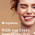 Woman with a smile and the YogaMedic logo on a beige background
