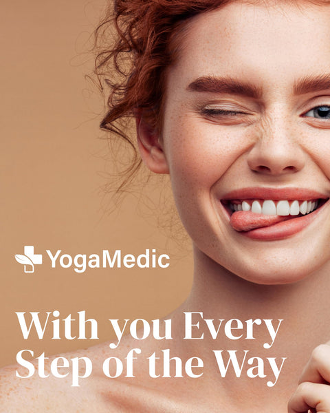 Woman with a smile and the YogaMedic logo on a beige background