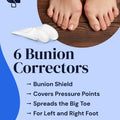 Advertisement for YogaMedic bunion correctors with a foot on a wooden surface and text detailing product features.