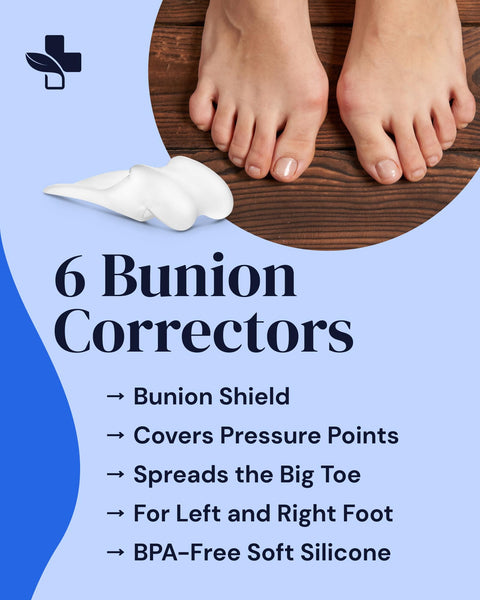 Advertisement for YogaMedic bunion correctors with a foot on a wooden surface and text detailing product features.
