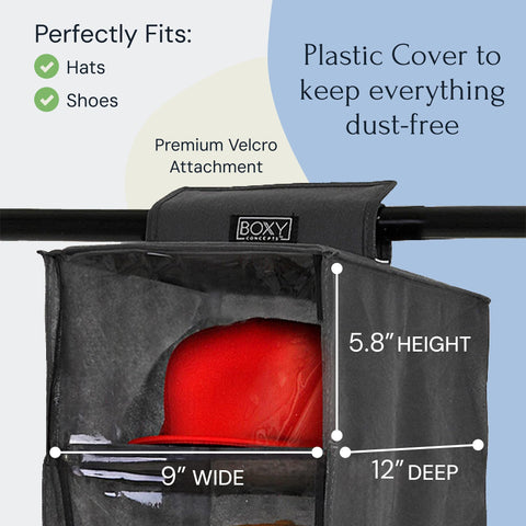 Hat and shoe storage hanging shelf with red hat inside, featuring BOXY Concepts branding.