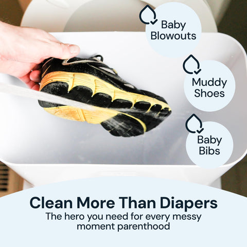 Cleaning a shoe with text indicating the stress-free cleaning of baby blowouts, muddy shoes, and baby bibs with SimplyImagine's cloth diaper cleaning spray guard.