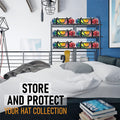 Bedroom with shelves holding colorful hats inside Boxy Concepts' baseball cap storage bag with text 'Store and Protect Your Hat Collection'.