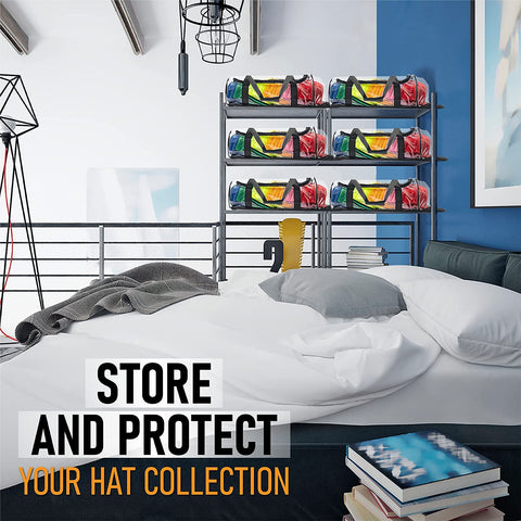 Bedroom with shelves holding colorful hats inside Boxy Concepts' baseball cap storage bag with text 'Store and Protect Your Hat Collection'.