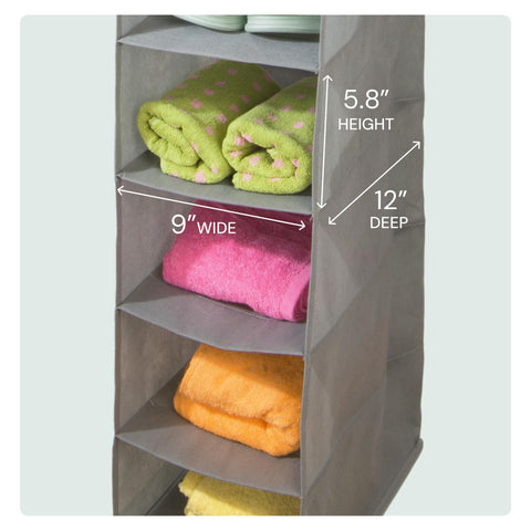 Boxy Concepts' foldable storage shelf with towels and dimensions labeled.