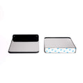 Boxy Concepts' hat display shelves, front and back, with adhesive strips on a white background.