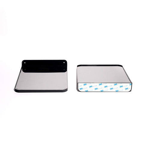 Boxy Concepts' hat display shelves, front and back, with adhesive strips on a white background.