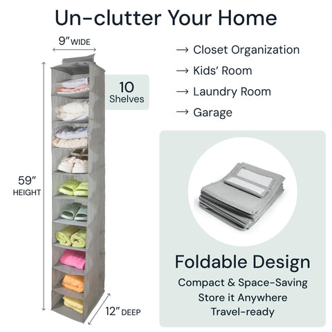 Boxy Concepts' foldable storage tower with shelves for organizing clothes, labeled with dimensions and uses.