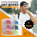 Stackable hat boxes with a man wearing a cap in the background, featuring the brand 'Boxy Concepts'.