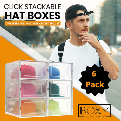 Stackable hat boxes with a man wearing a cap in the background, featuring the brand 'Boxy Concepts'.
