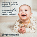 Baby laughing with text about SimplyImagine's cloth diaper cleaning spray guard.