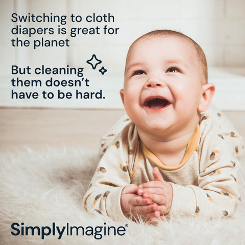 Baby laughing with text about SimplyImagine's cloth diaper cleaning spray guard.