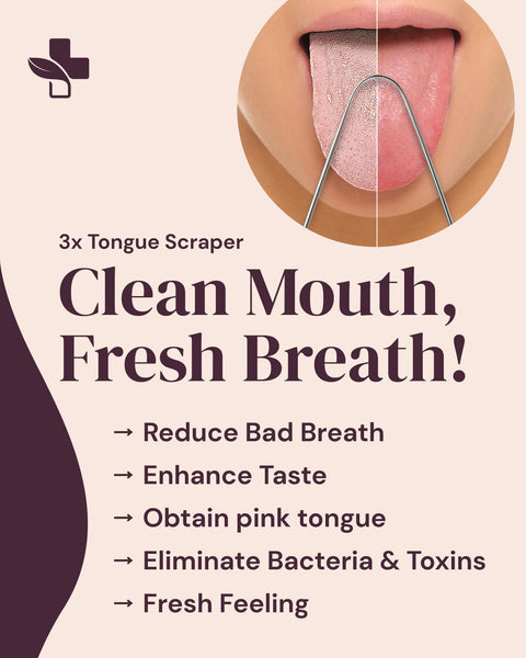 YogaMedic anti-microbial tongue scraper with text on a beige background
