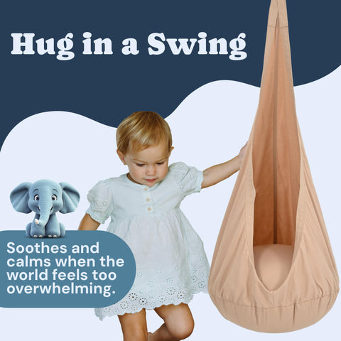 Child with a beige hanging swing by Todale and elephant toy, with text about soothing and calming.