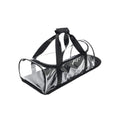 Clear plastic bag with black straps on a white background