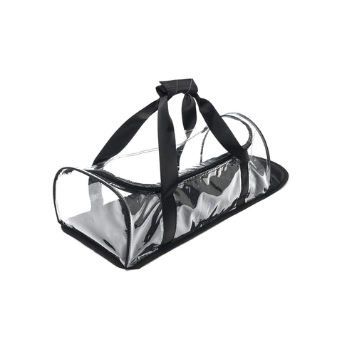 Clear plastic bag with black straps on a white background