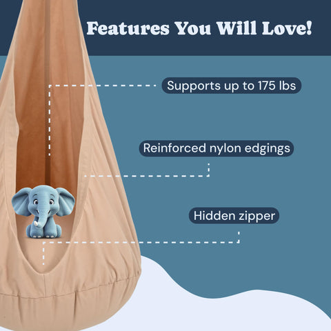 Todale's hanging indoor swing for kids with features listed on a blue background.