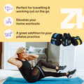 Woman exercising with zenKeyz's resistance bands on a blue mat, with text and on a yellow background.