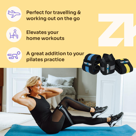 Woman exercising with zenKeyz's resistance bands on a blue mat, with text and on a yellow background.