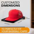 Red baseball cap on a black Boxy Concepts display tray with measurement details on a white background