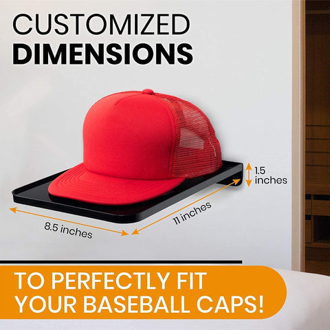 Red baseball cap on a black Boxy Concepts display tray with measurement details on a white background