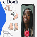 Phone displaying YogaMedic e-book with foot illustration and text about Hallux Valgus e-Book.