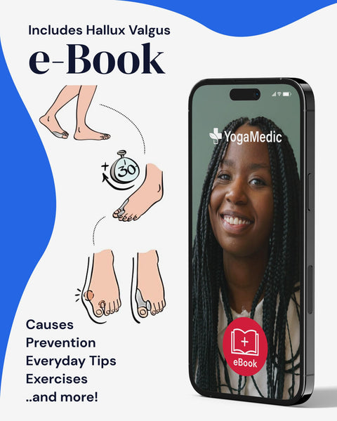 Phone displaying YogaMedic e-book with foot illustration and text about Hallux Valgus e-Book.