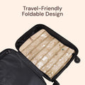 Open suitcase with Boxy Concepts' jewelry organizer inside, labeled 'Travel-Friendly Foldable Design'.