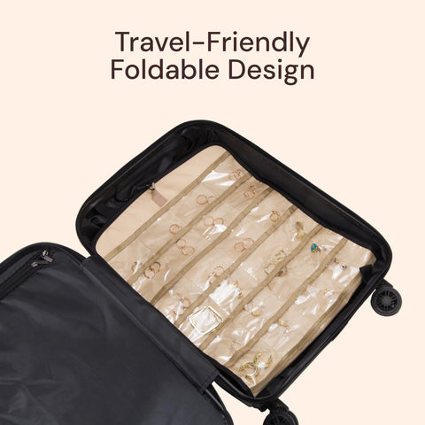 Open suitcase with Boxy Concepts' jewelry organizer inside, labeled 'Travel-Friendly Foldable Design'.