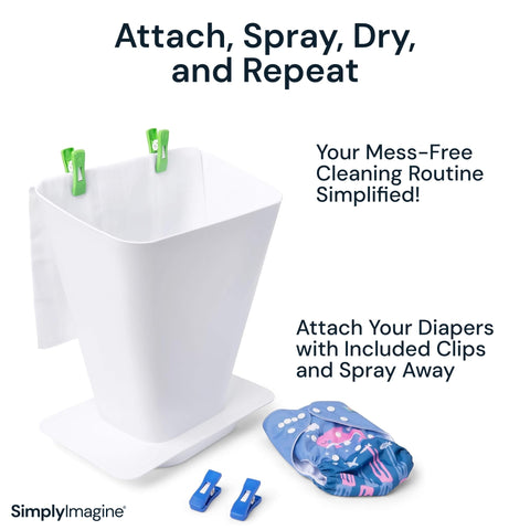 SimplyImagine's cloth diaper cleaning spray guard and diaper drying rack with clothespins and a blue diaper, featuring text on a white background.